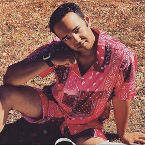 Fashion Nova Men Pink Bandana Print Short Sleeve Button-Up Shirt In Large